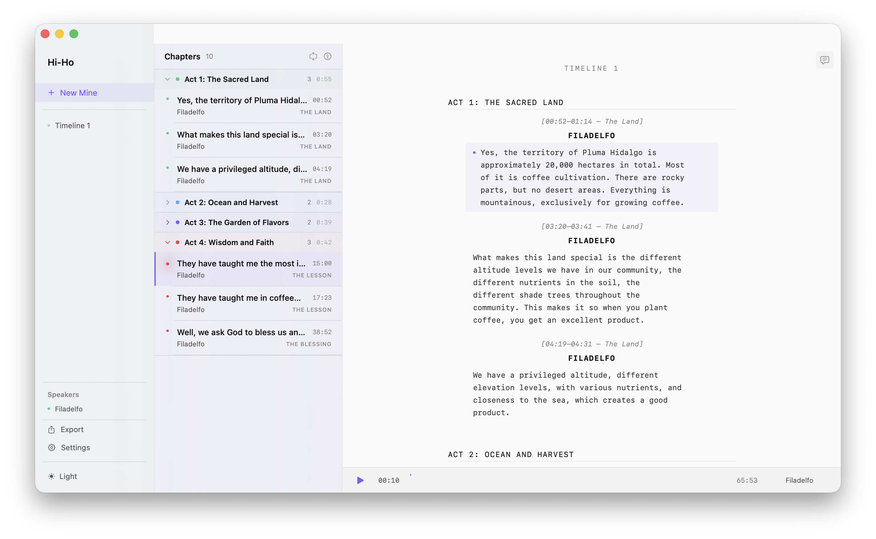 Hi-Ho — screenplay-formatted transcript with chapters and playback